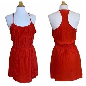 PARKER Red Silk Ruffled Racer Back Mini Dress - Medium